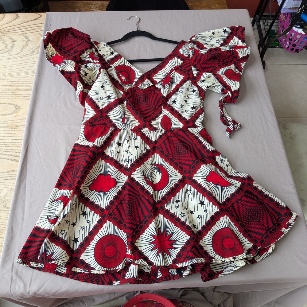 Girls Red and Cream Patterned Short Dress